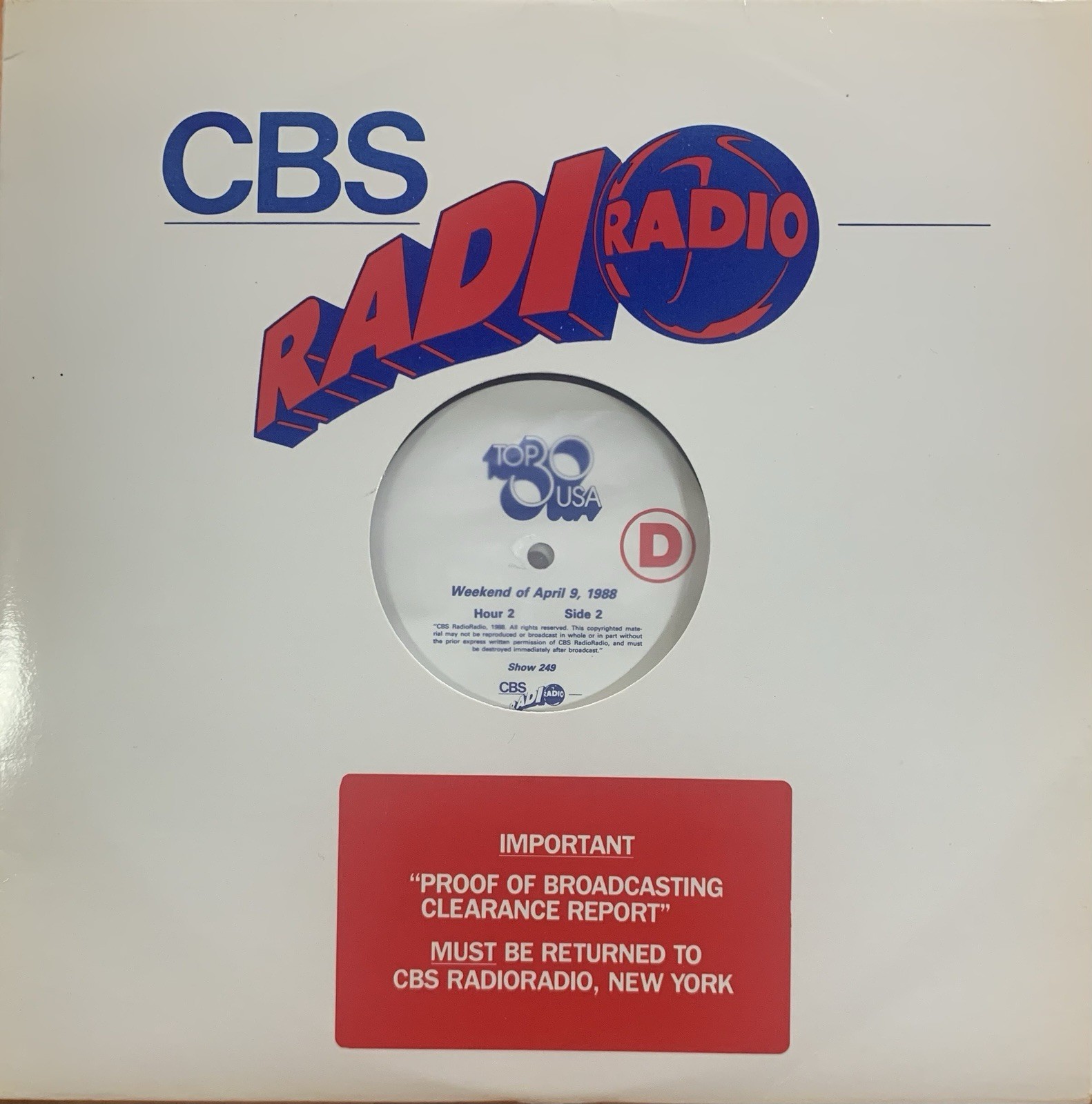 CBS Radio Broadcasting Show 249-April-9-1988 (3) Vinyl LPs -EXCELLENT CONDITION