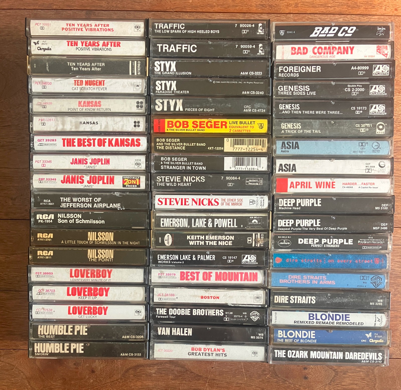 Lot of 54 Classic Rock Cassettes, Styx, Kansas, Foreigner, Humble Pie, Dylan
