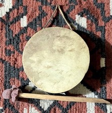 Vintage Native American Ceremonial Drum Rawhide Double Sided w/Mallet picture