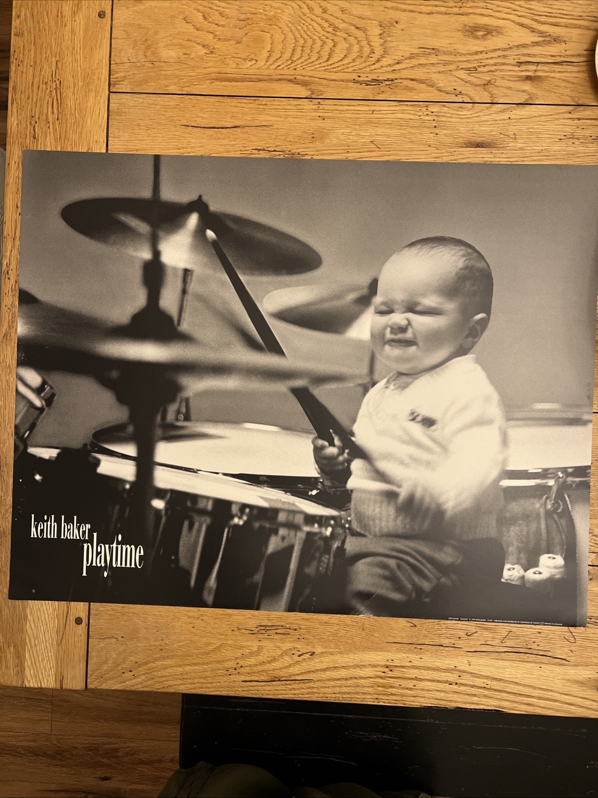 1999 Keith Baker Playtime Child Baby Playing Drums Drumsticks 22” x 28” Holland