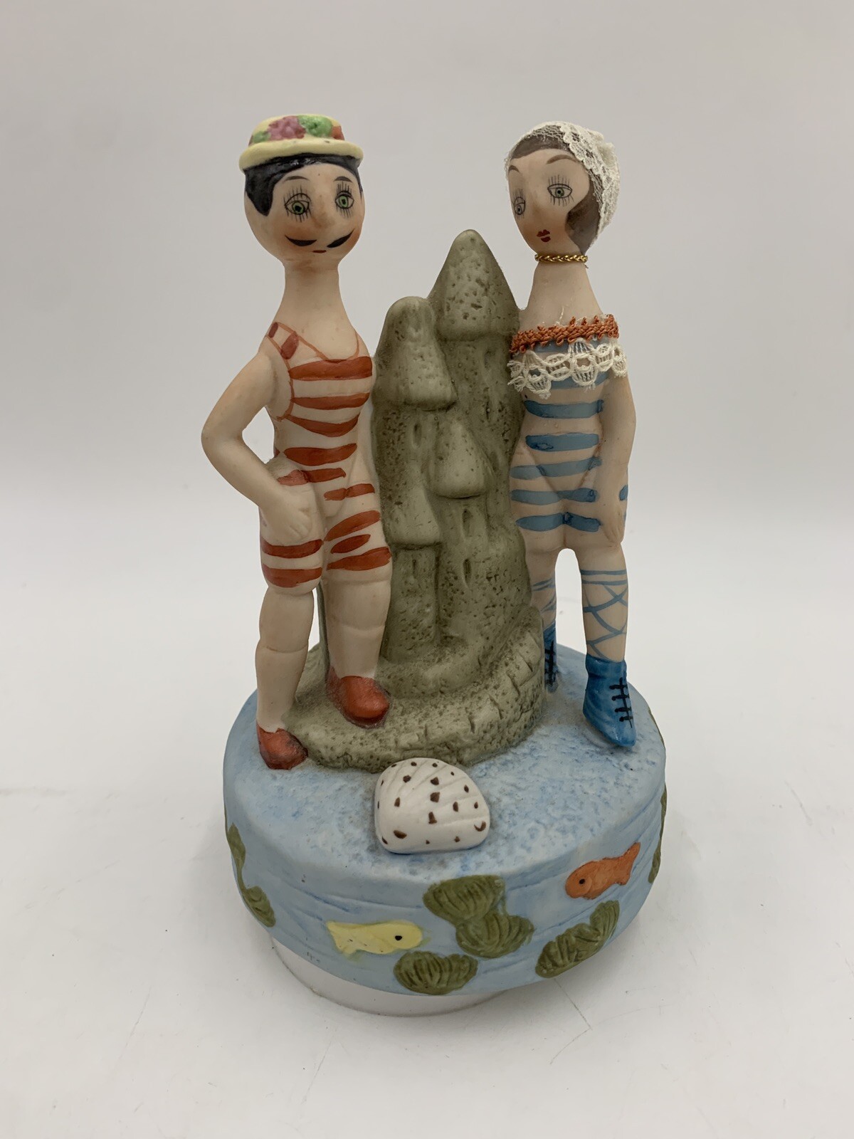 Vintage Porcelain Figurine MSR Imports Music Box Swimmer Beach #I