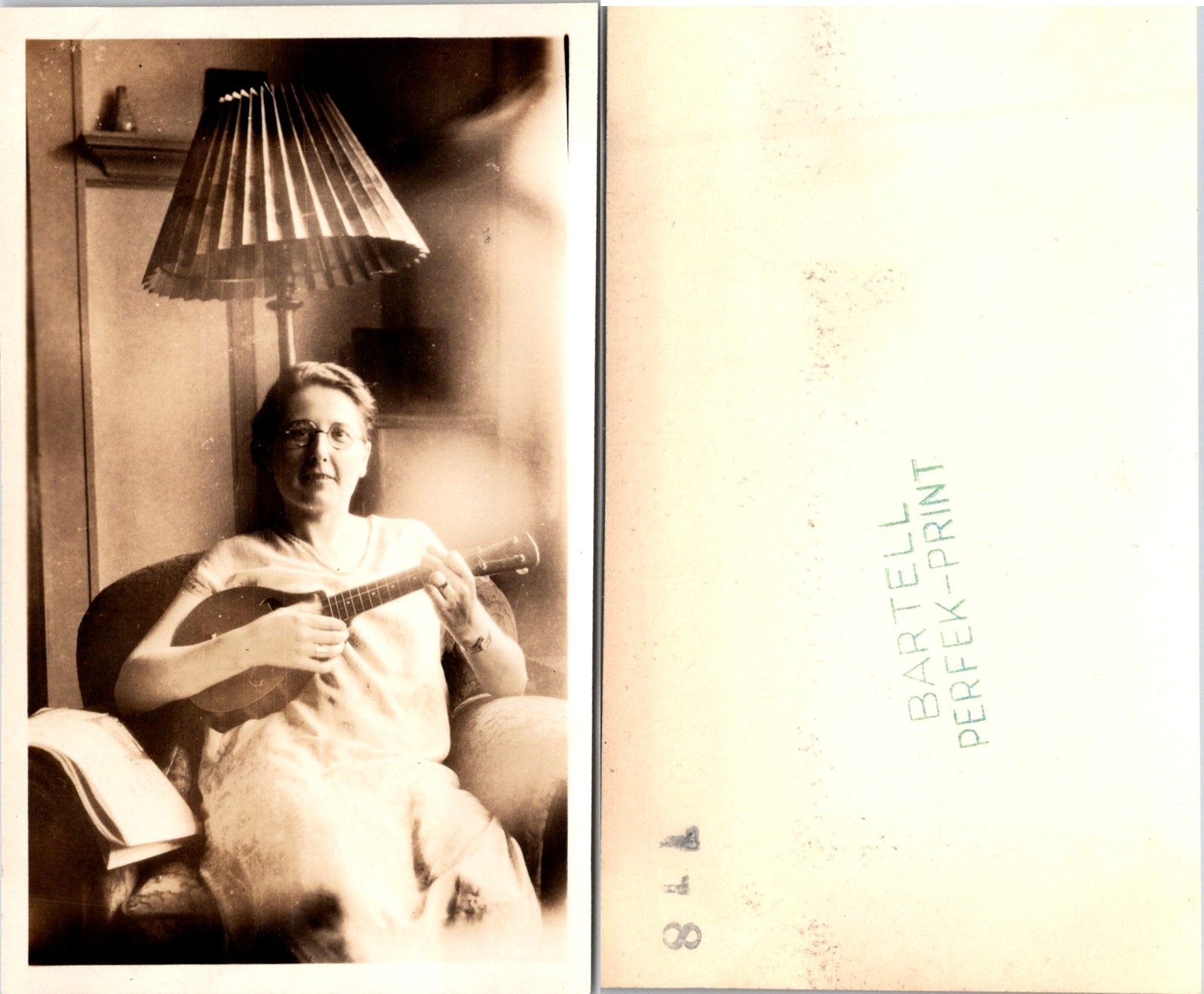 1928 Woman in Chair playing on her Banjo B+W Photo S0085