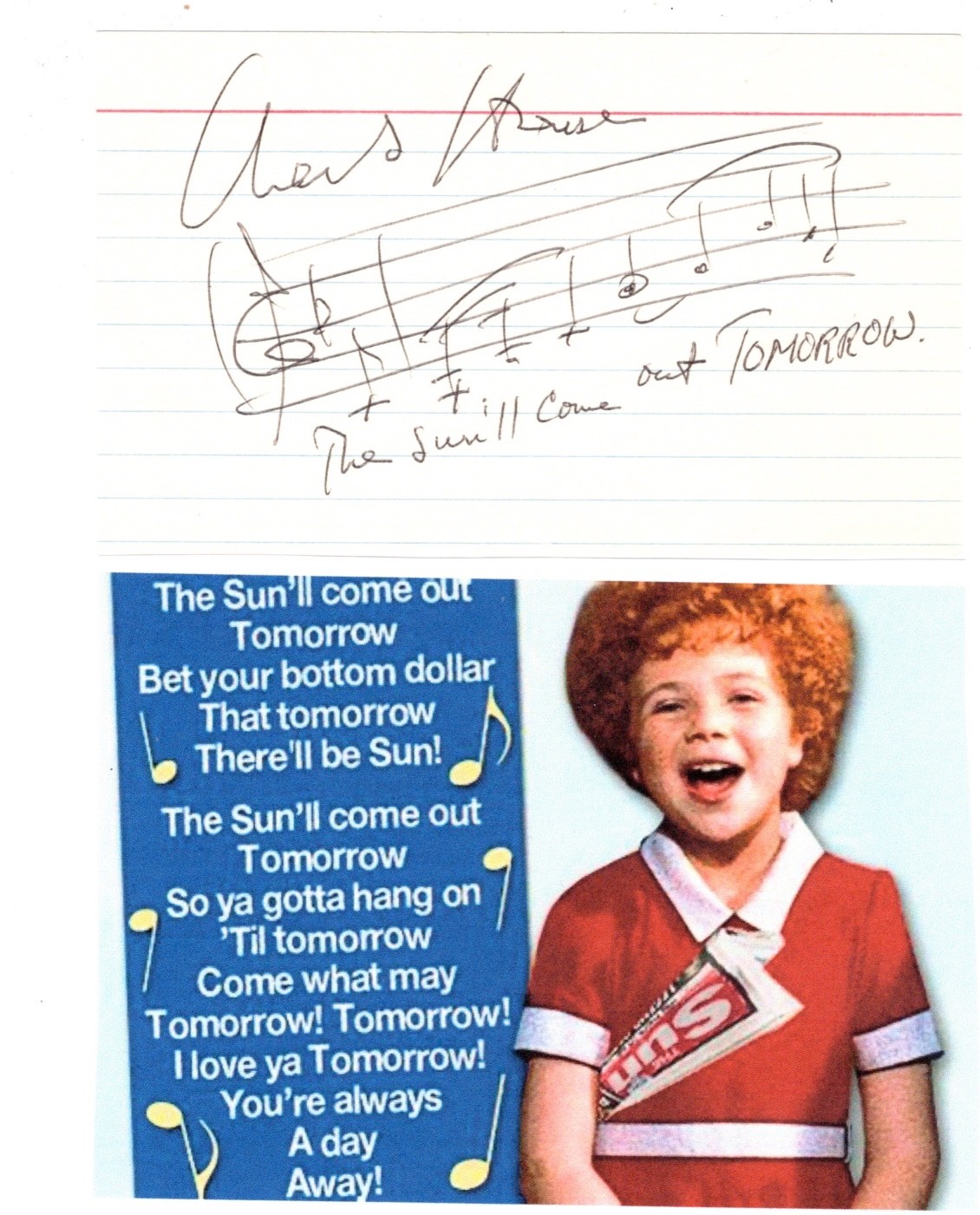 Charles Strouse signed card with Annie music/lyrics
