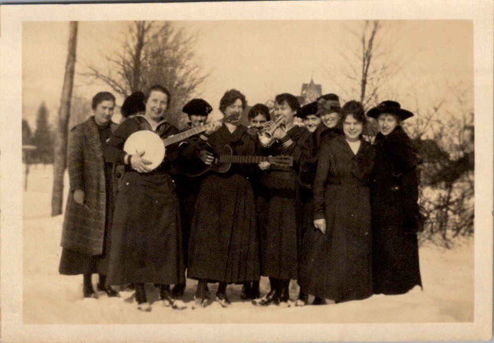 1916-17 Women's Band w Banjo & Guitar on Snowy Campus Photograph Ferris