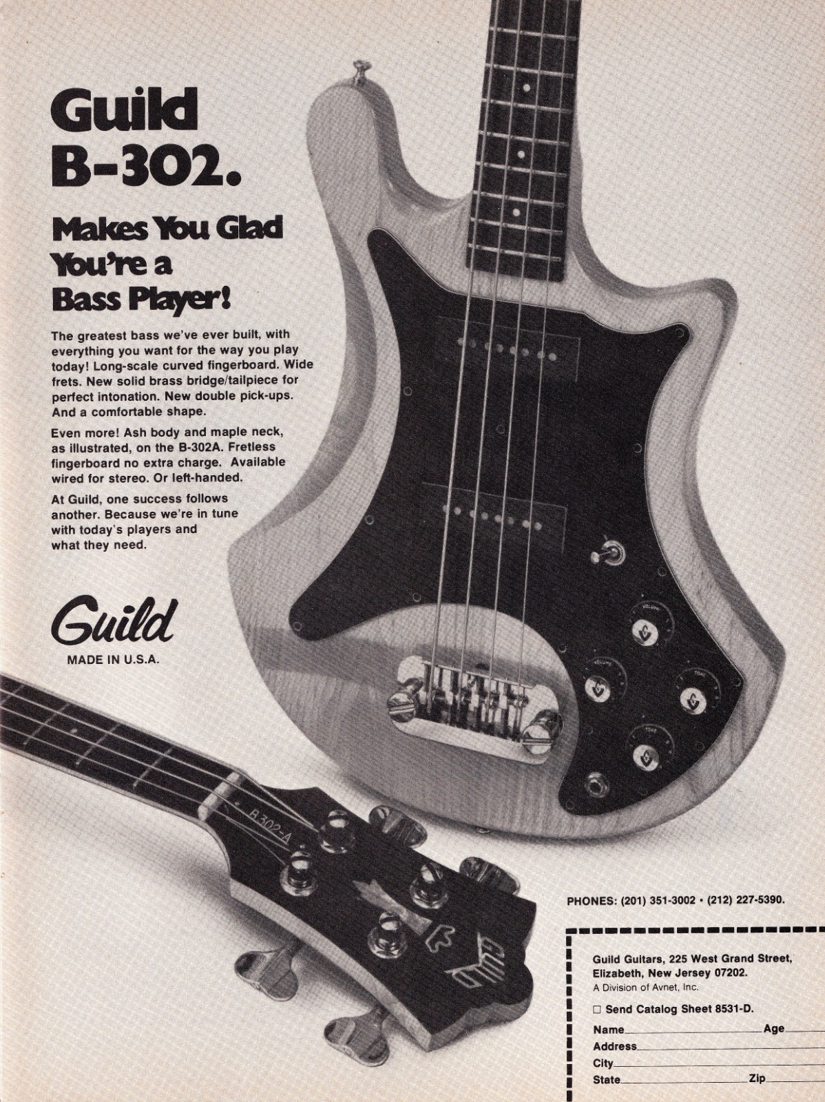 GUILD B-302 BASS GUITAR~ORIG 1978 PROMO PRINT MAGAZINE AD POSTER PINUP CLIPPING