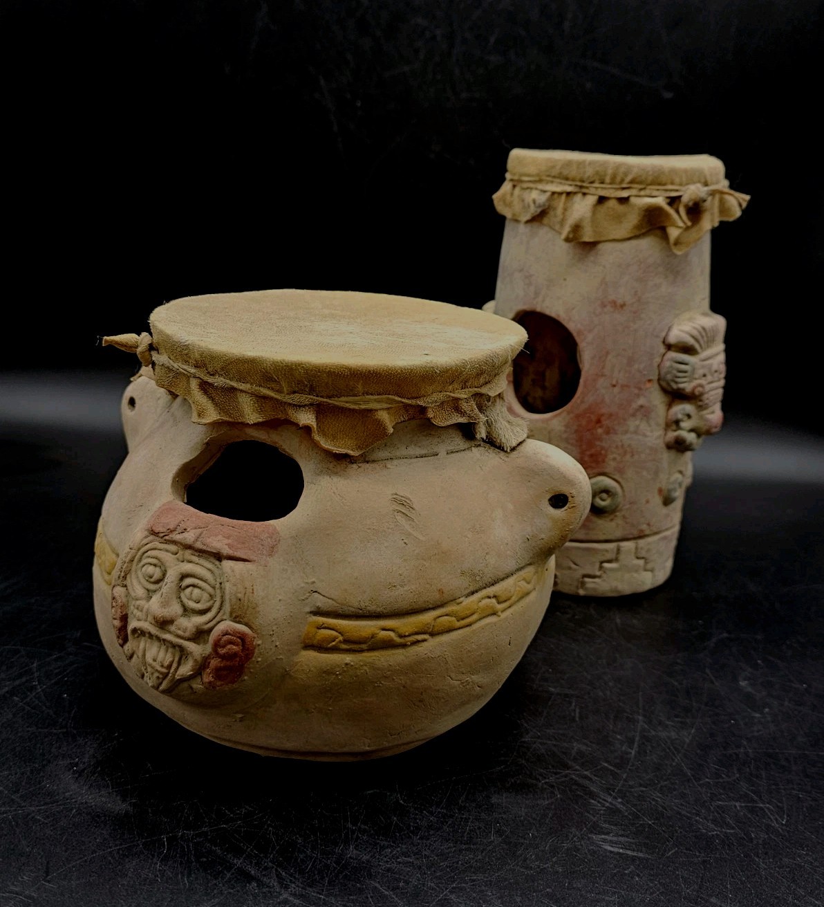 2 Vtg Mexico Folk Art Pottery Aztec Mayan Hand Crafted Terracotta Drums Signed 