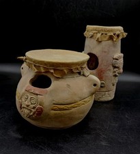 2 Vtg Mexico Folk Art Pottery Aztec Mayan Hand Crafted Terracotta Drums Signed  picture
