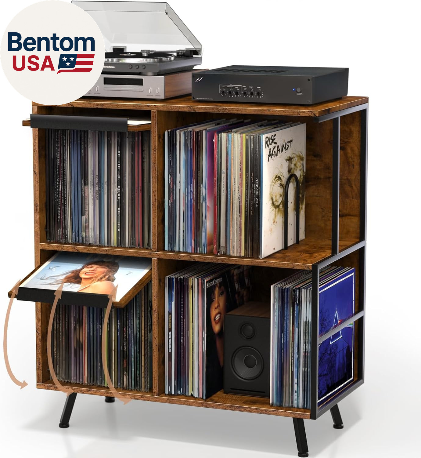 3 Tier Flip Top Record Player Stand, Vinyl Record Storage Holds up to 300+ Album