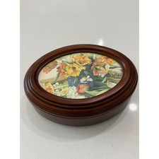 Vtg Sankyo Musical Jewelry Box Oval Wood Floral Frame What a Wonderful World picture