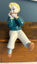 Vintage 1950s Ceramic Arts Studio Boy Child Shelf Sitter Playing Harmonica picture