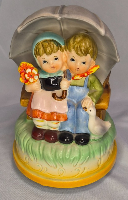 Vintage Hummel Style Music Box Children on Bench Under Umbrella Wind Up Works
