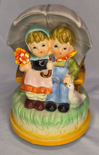 Vintage Hummel Style Music Box Children on Bench Under Umbrella Wind Up Works picture
