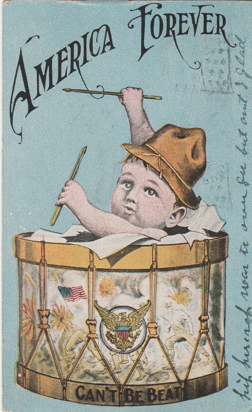 Patriotic baby beating drum postcard u1918