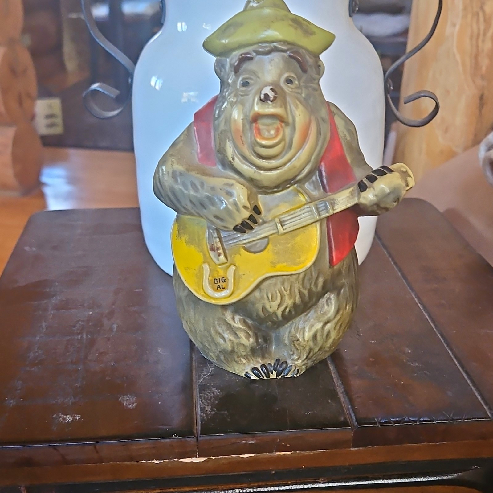 Big Al Ceramic Bear Piggy Bank Coin Bank Figurine w/ Hat, Red Vest & Guitar