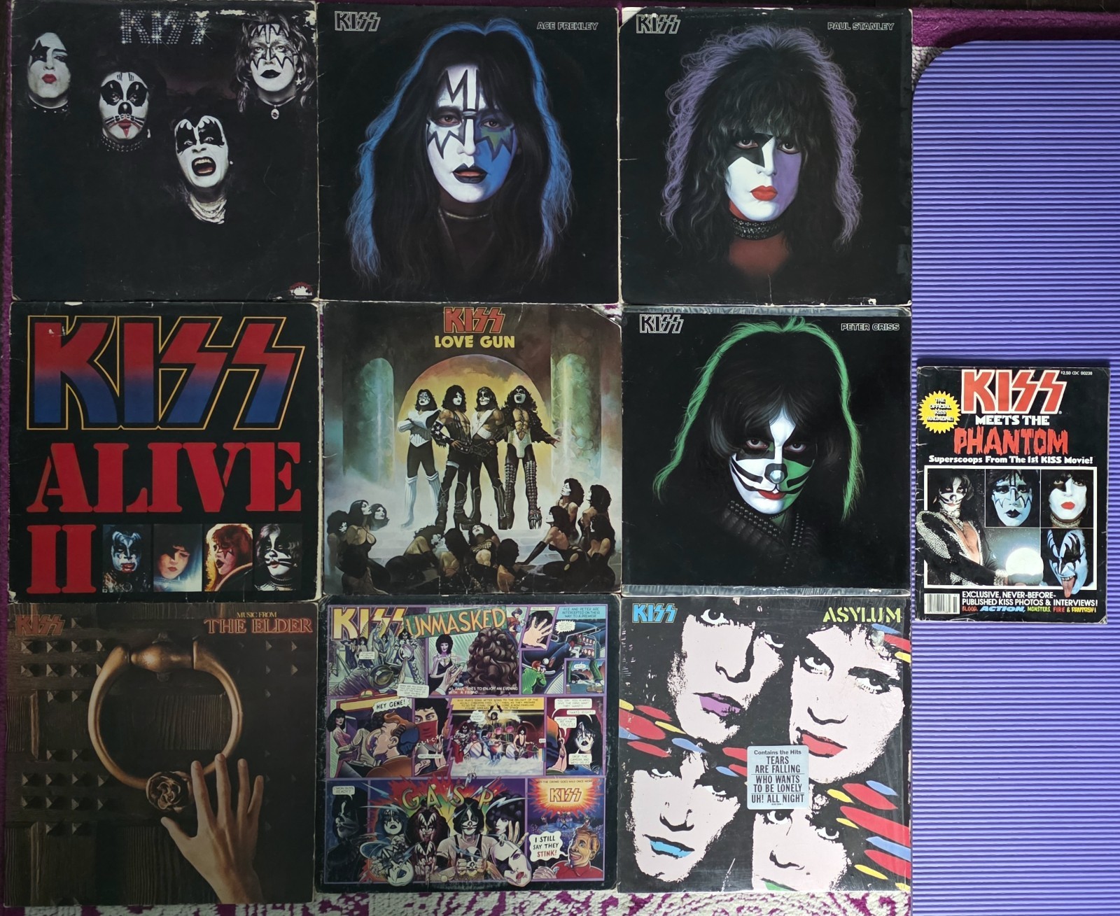 KISS Vintage Vinyl Record Lot 9 FP LPs, Movie Magazine 1977 LOVE GUN LABEL ERROR