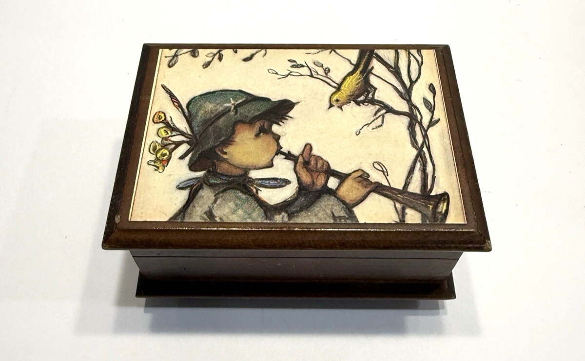 Vtg Reuge Swiss Musical Movement Box Boy Playing Horn Bird Image Love Story