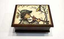 Vtg Reuge Swiss Musical Movement Box Boy Playing Horn Bird Image Love Story picture