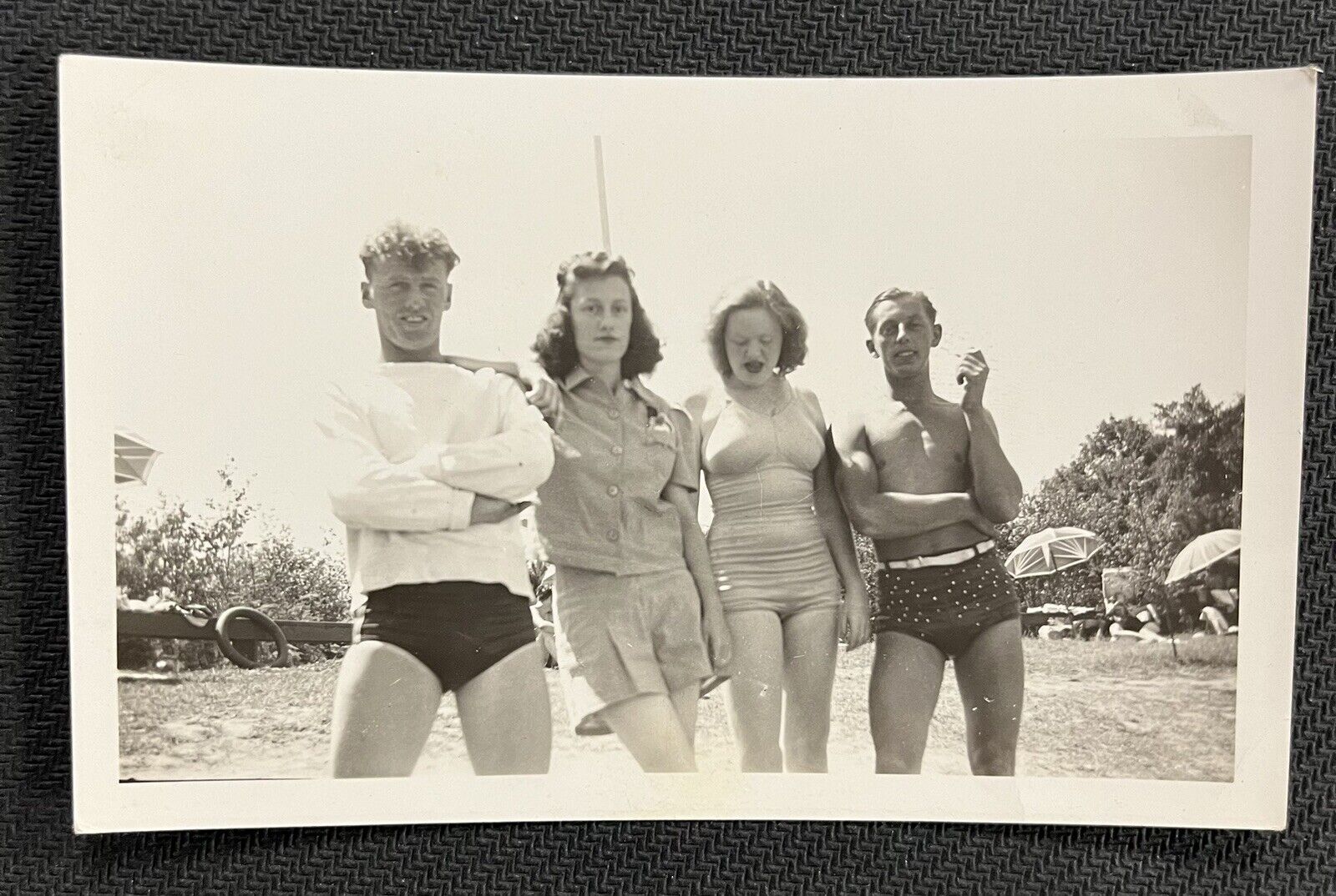FOUND VINTAGE PHOTO PICTURE People In Swimsuits Posing For A Snapshot