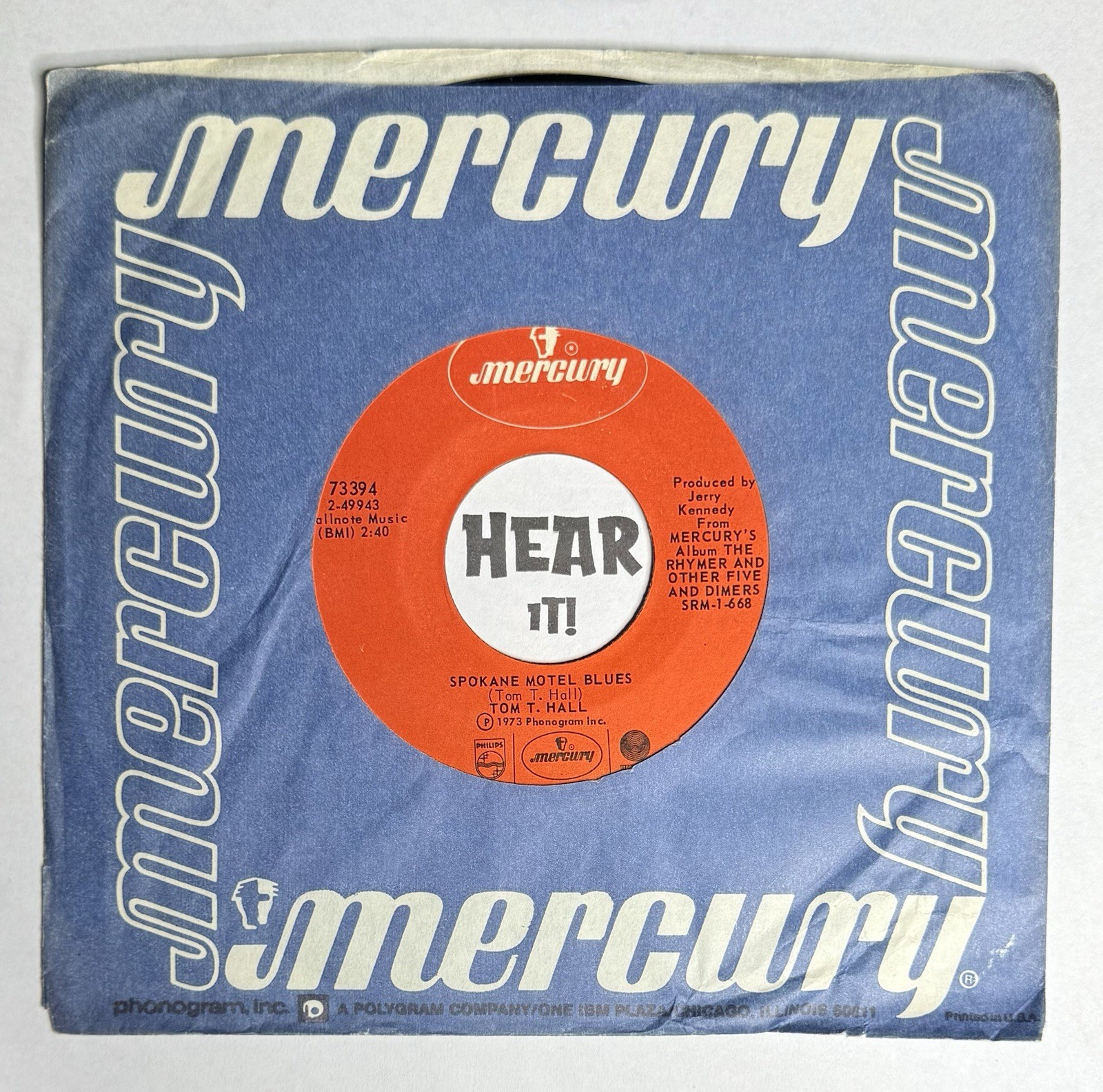 Superb Haunting Country Bopper Banjo 45 TOM T. HALL Spokane Motel Blues MERCURY