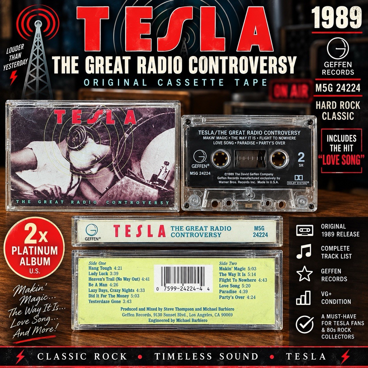 VTG Tesla The Great Radio Controversy Cassette Tape 1989 Geffen M5G 24224 VG+