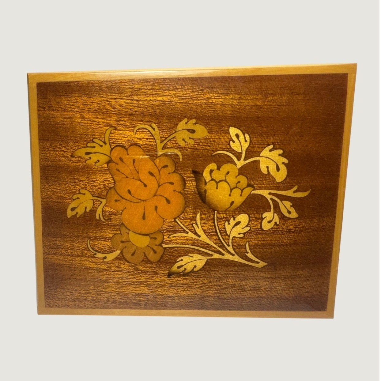 Vintage Laurel Music Box Wooden Floral Inlay Sankyo Japan Isle Of Capri Working