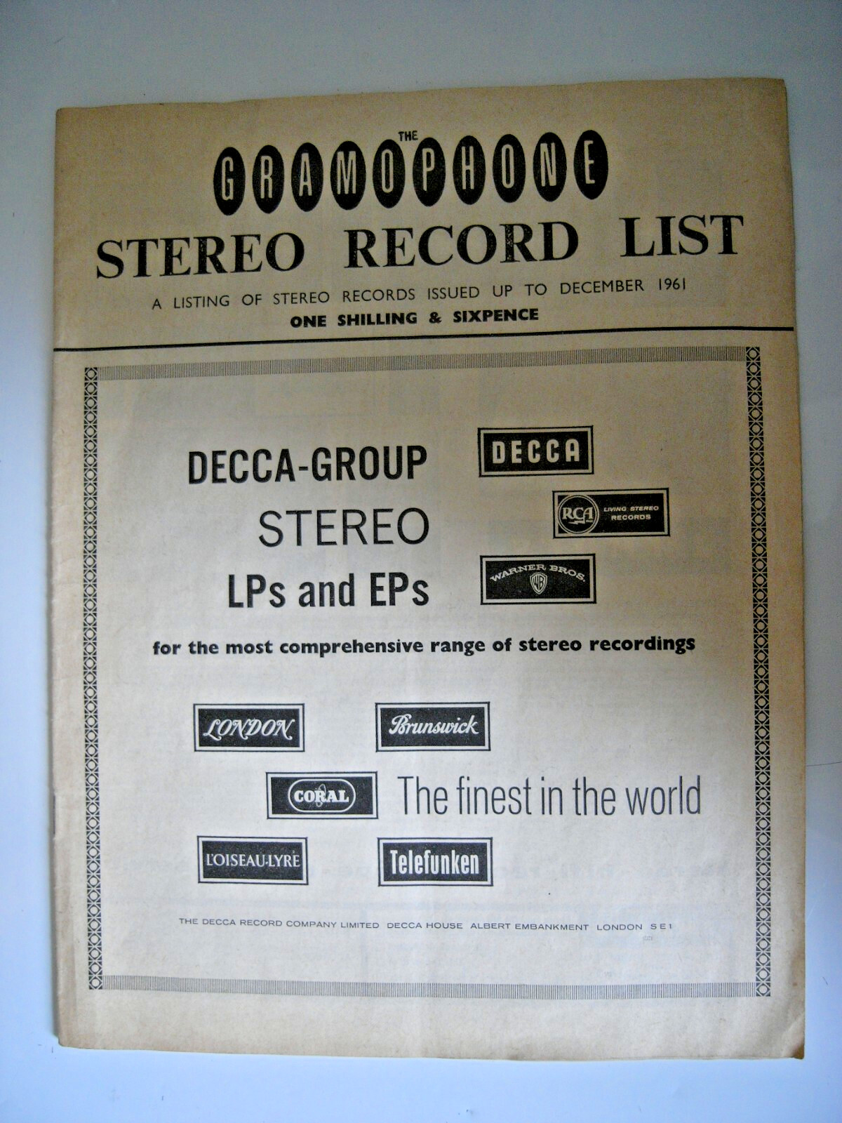 THE GRAMOPHONE STEREO RECORD LIST DEC.1961 VINTAGE BROCHURE + INSERT  ORIGINAL