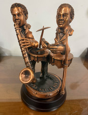 Antique Bronze Tone Resin Jazz Musicians Figurine Saxophone & Drums Black Base picture