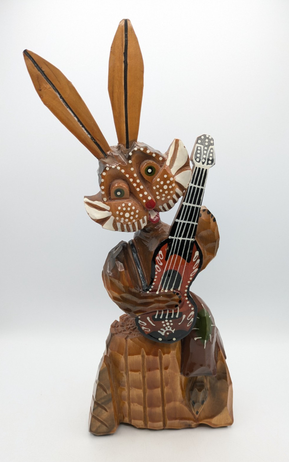Vtg Ukrainian Wood Carved Rabbit Hare Statue Guitar Folk Art 15\