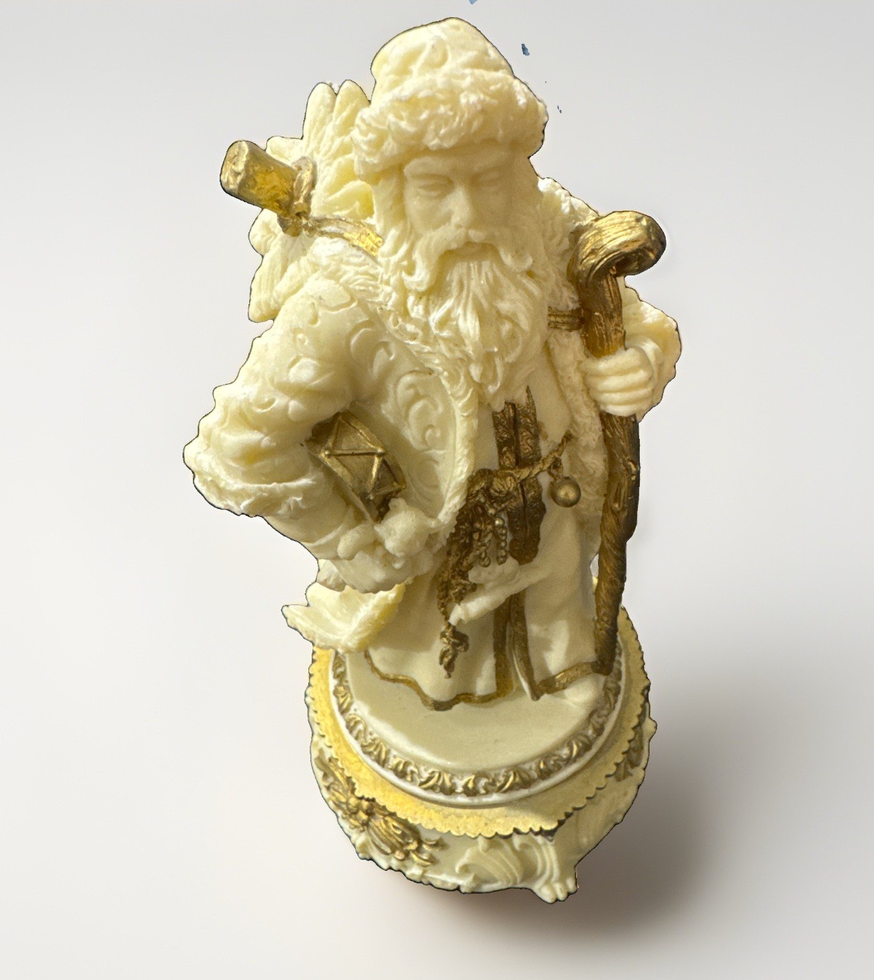 Vintage Jolly Old St. Nicholas Music Box White Christmas Gold Trim