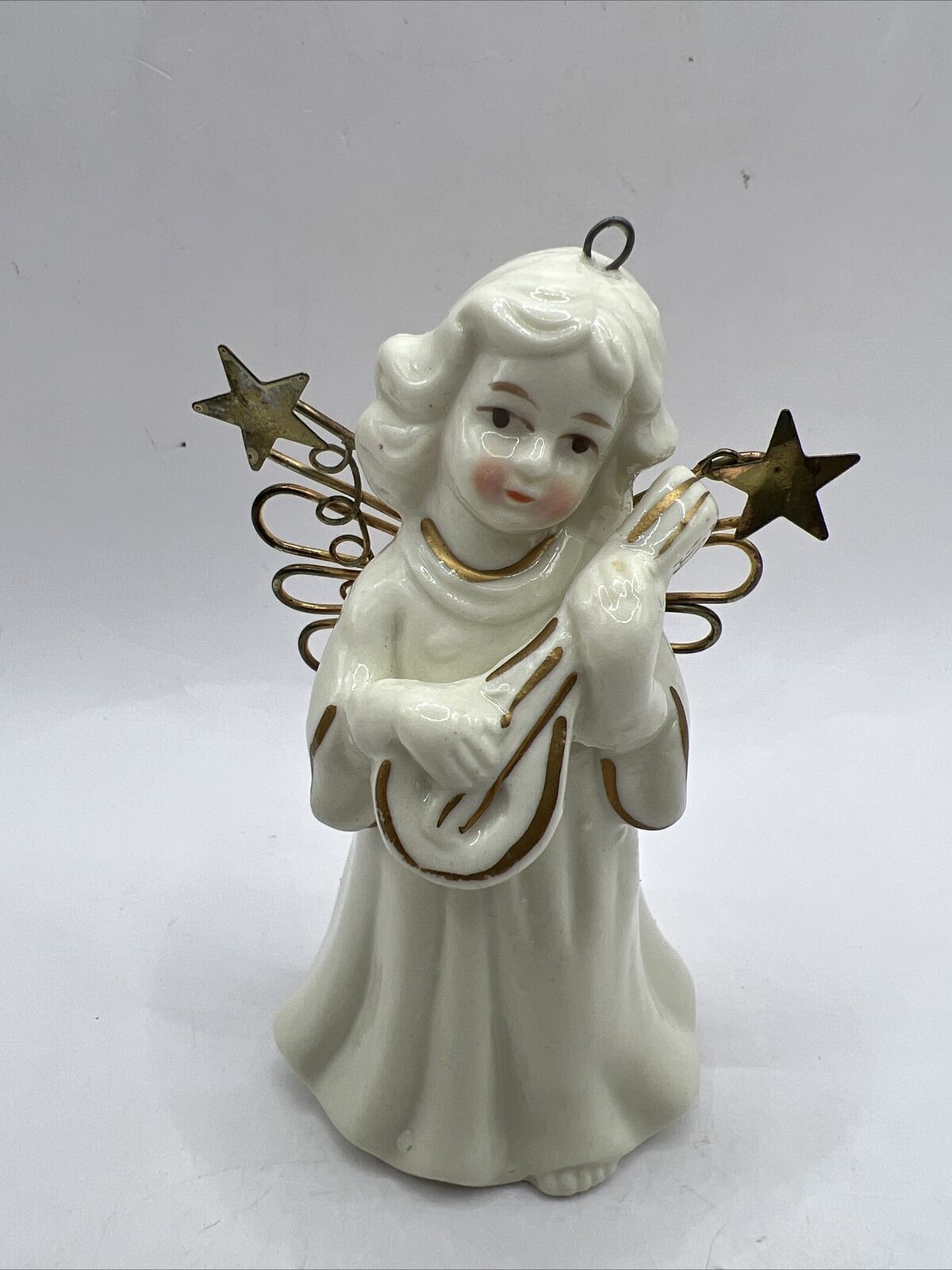 Vintage Angel Bell White With Gold Trim Metal Wings Holding Guitar