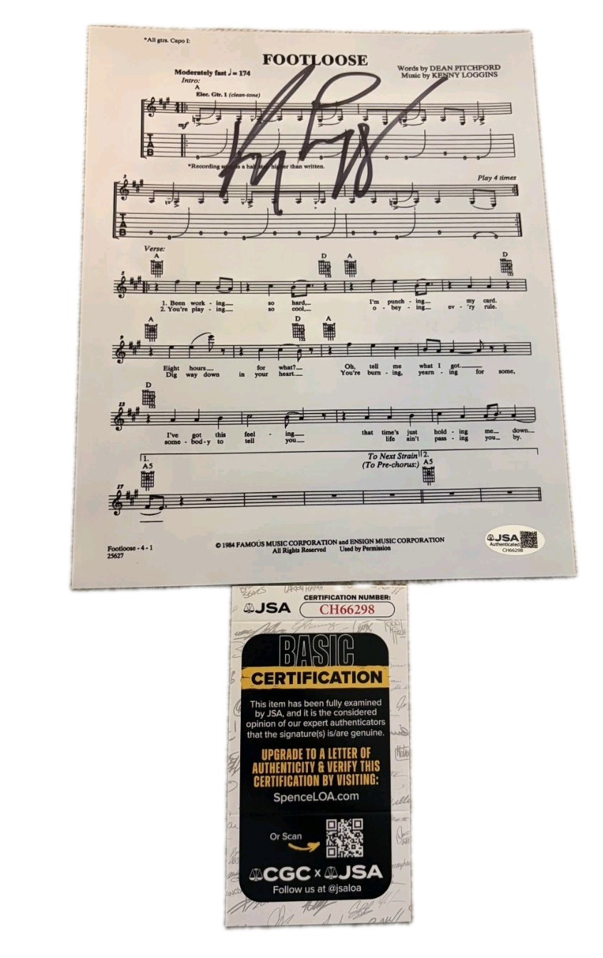 KENNY LOGGINS SIGNED MUSIC LYRIC SHEET FOOTLOOSE BACON JSA AUTHENTICATED WOW 