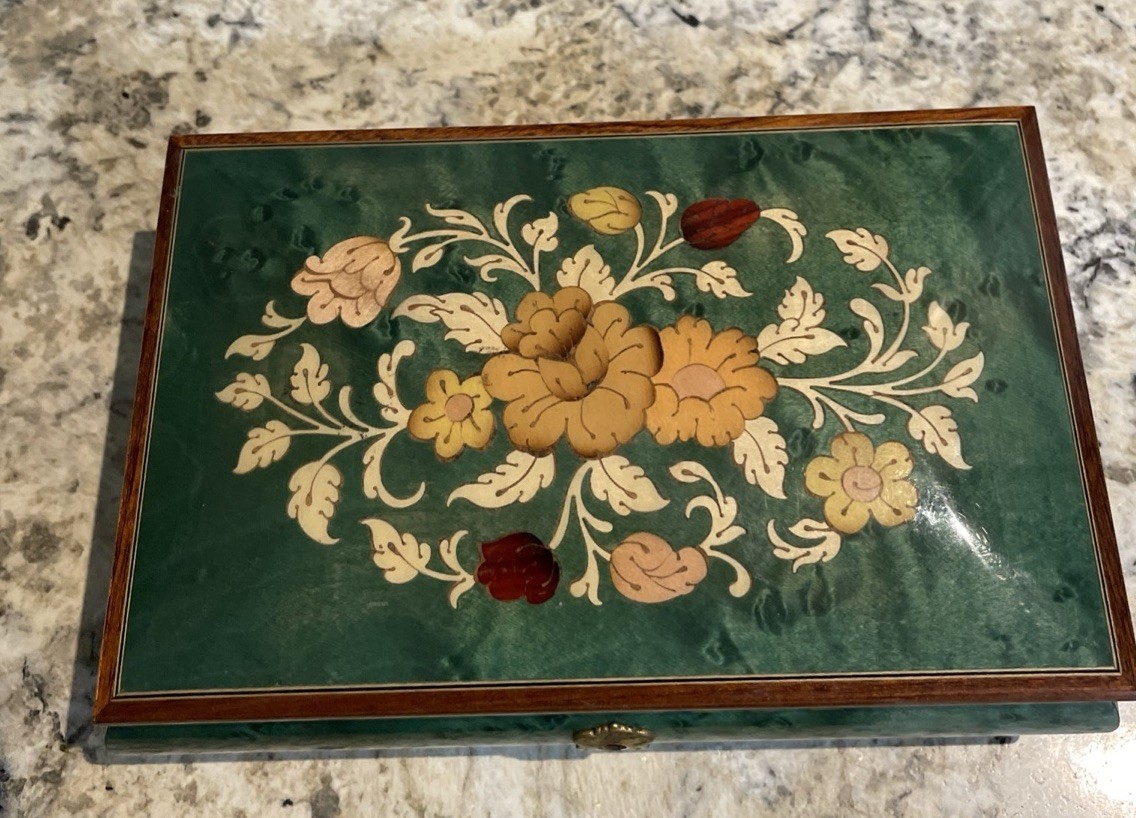 Vintage Reuge Music Jewelry Box Wood Floral Inlay  Velvet Interior Italy
