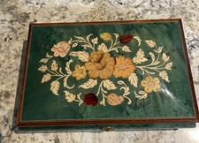 Vintage Reuge Music Jewelry Box Wood Floral Inlay  Velvet Interior Italy picture
