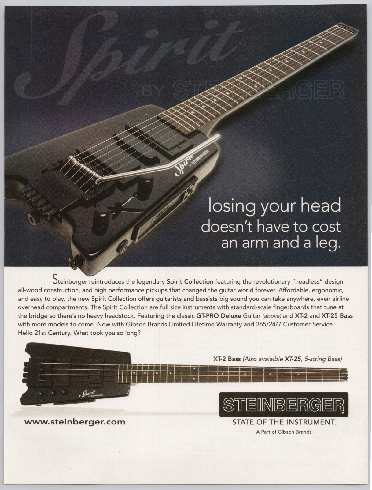 2011 STEINBERGER GT-Pro Electric Guitar XT-2 Bass Guitar magazine ad