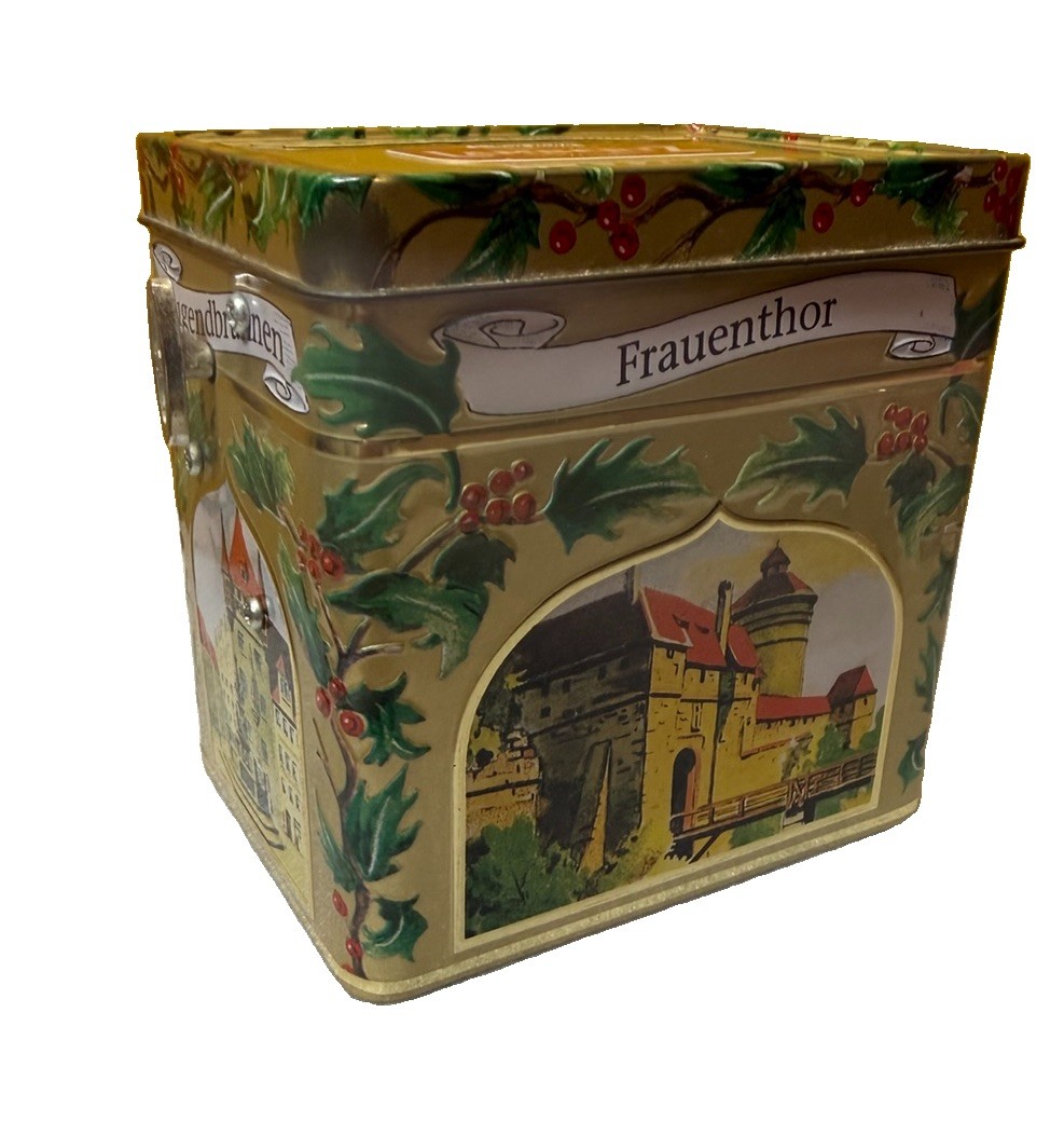 Vintage Lambertz German Christmas Musical Tin Wind Up Music Box Landmarks 5.5 In