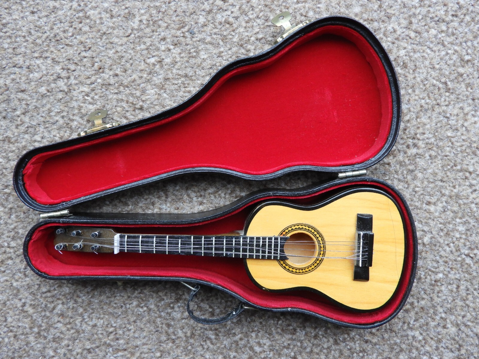 Miniature Acoustic Guitar with case and wooden stand - 10 inches long