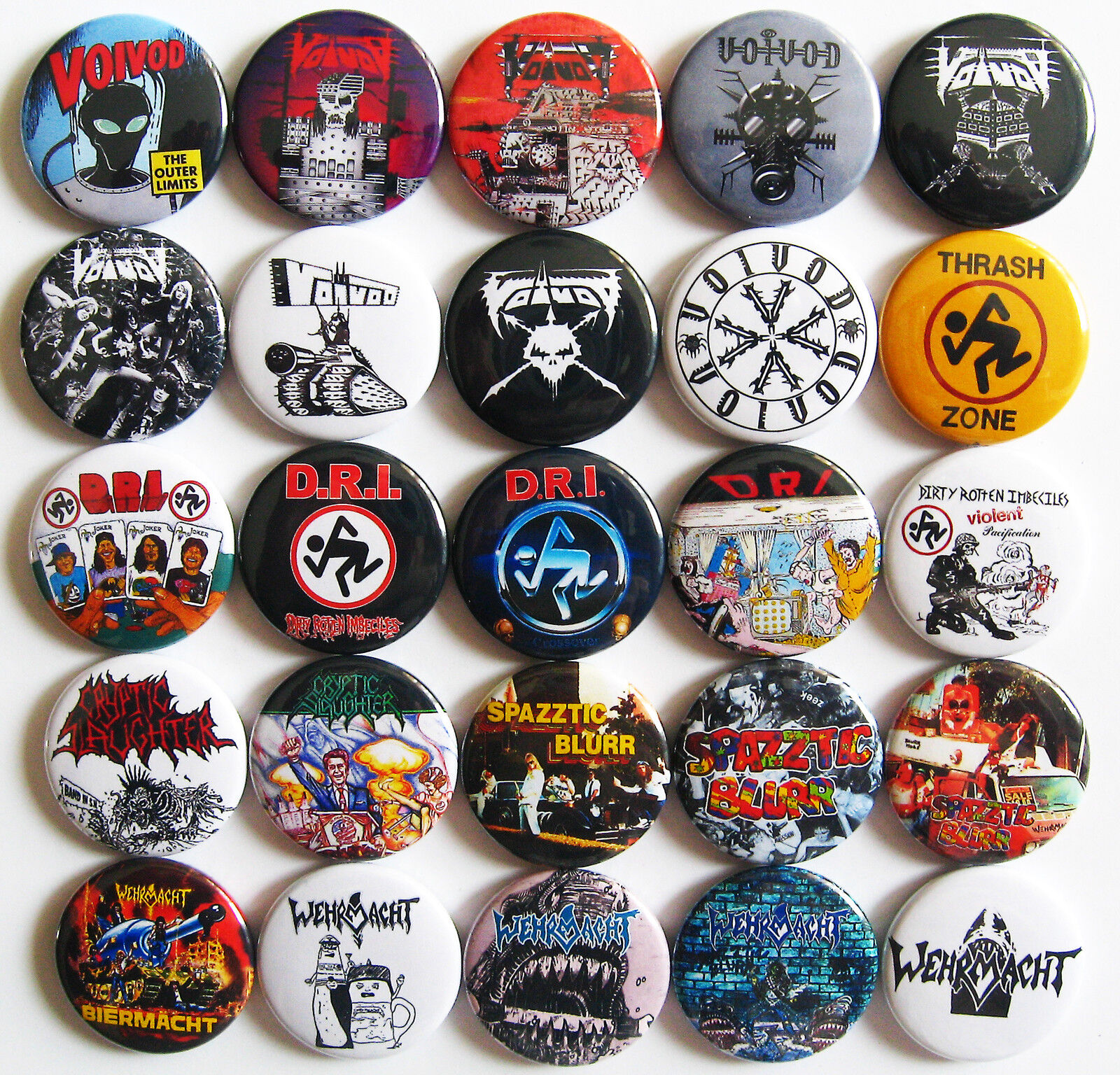 WEHRMACHT VOIVOD CRYPTIC SLAUGHTER D.R.I. Button Badges Pins Crossover Thrash 25