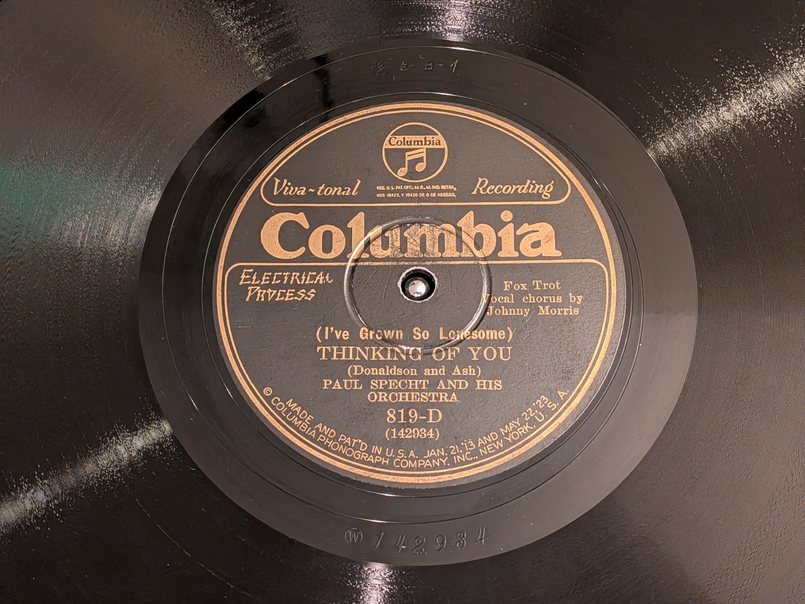 Paul Specht Sylvester Ahola Columbia 819-D Thinking Of You Jazz 78 E