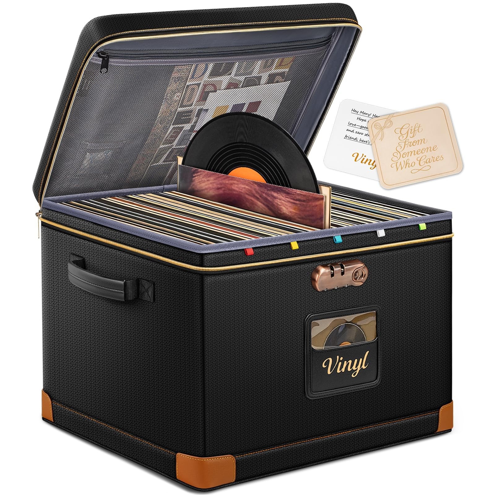 Vinyl Record Storage Box with Lock, Fireproof & Water-Resistant Record Album Sto