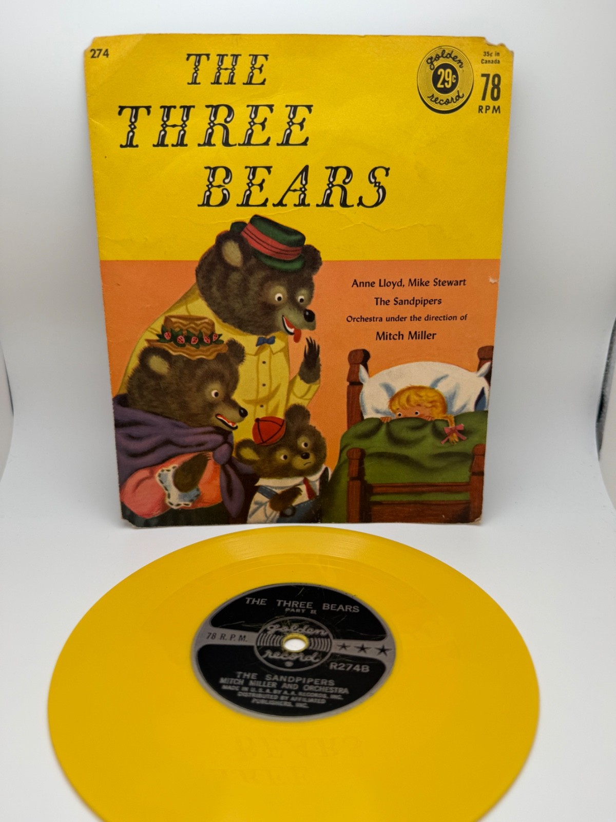 Vintage Golden Record R274 The Three Bears 78 RPM Yellow 1950s w/ Sleeve
