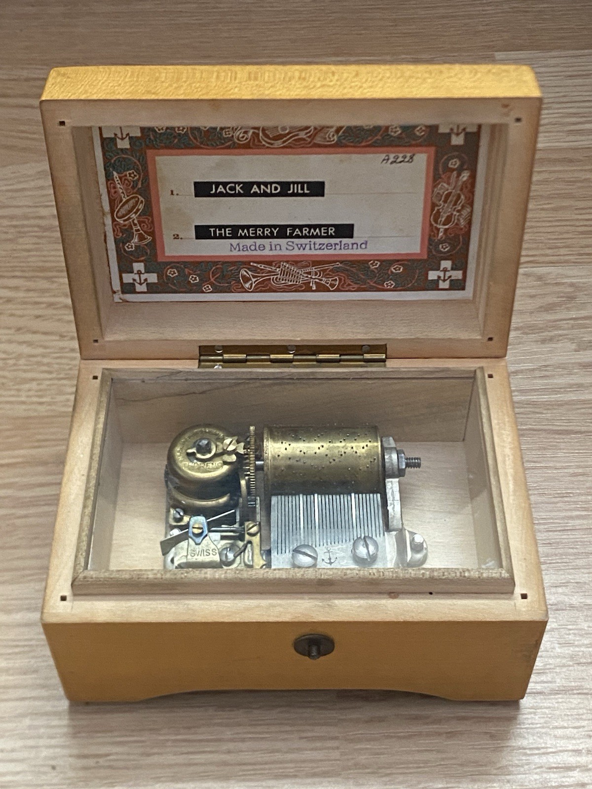 Vintage Thorens Swiss Made Wood Music Box Plays Jack and Jill & Merry Farmer