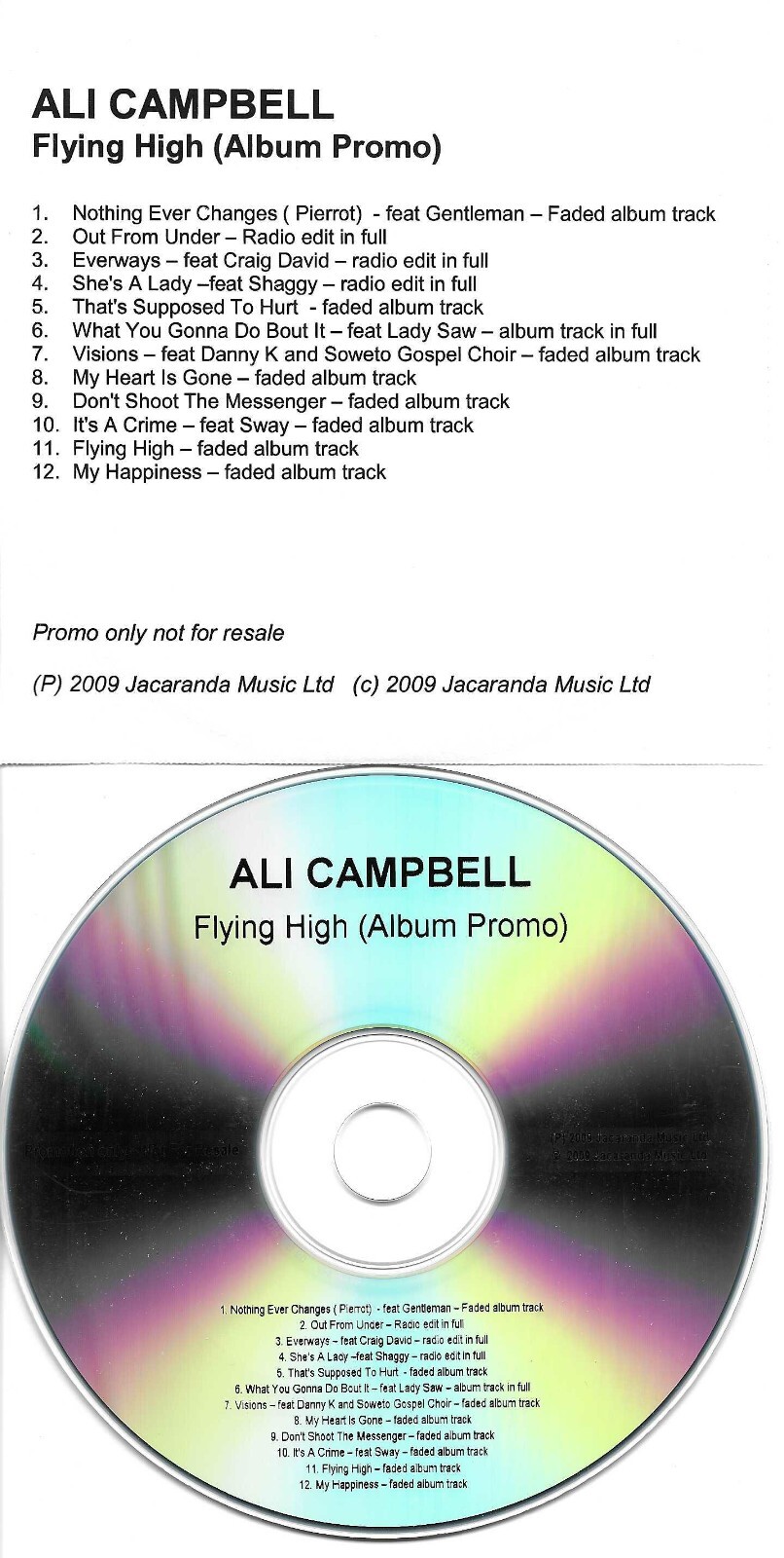 Ub40 ALI CAMPBELL Flying High RADIO EDITS & FADED ADVNCE TST PRESS PROMO DJ CD