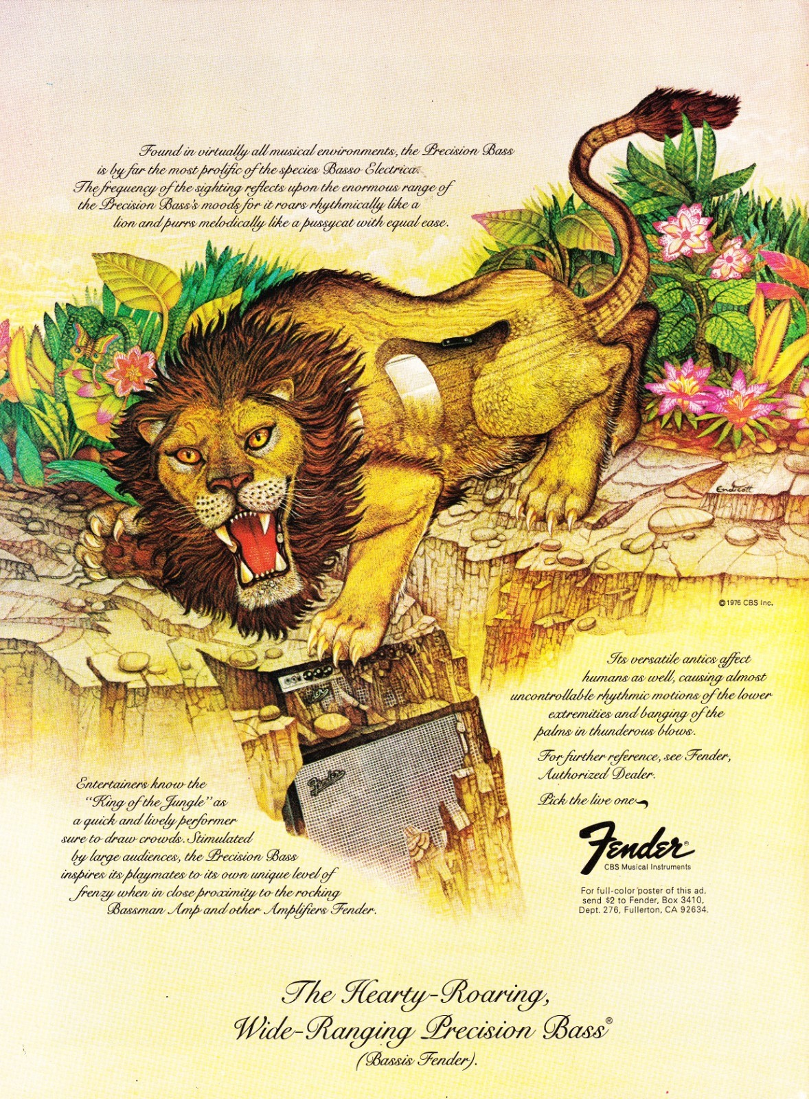 FENDER PRECISION BASS GUITAR~LION~ORIG 1977 PROMO PRINT MAGAZINE AD POSTER PINUP