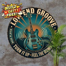 Bass Guitar Music Room Garage Sign Round Metal Tin Plaque Studio Decor 8x8 picture