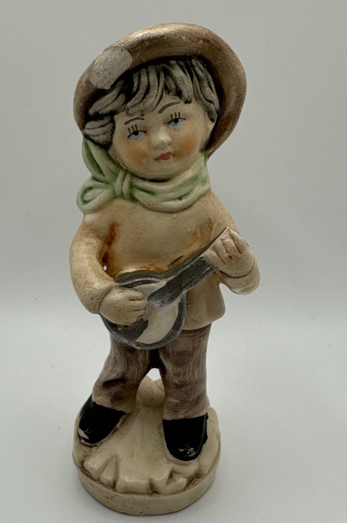 VTG 1950s Storybook Boy Banjo Figurine Hand Painted Mid Century Cottage Decor