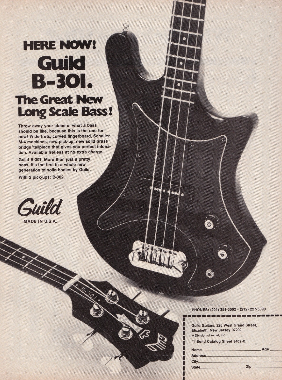 GUILD B-301 BASS GUITAR~ORIG 1977 PROMO PRINT MAGAZINE AD POSTER PINUP CLIPPING