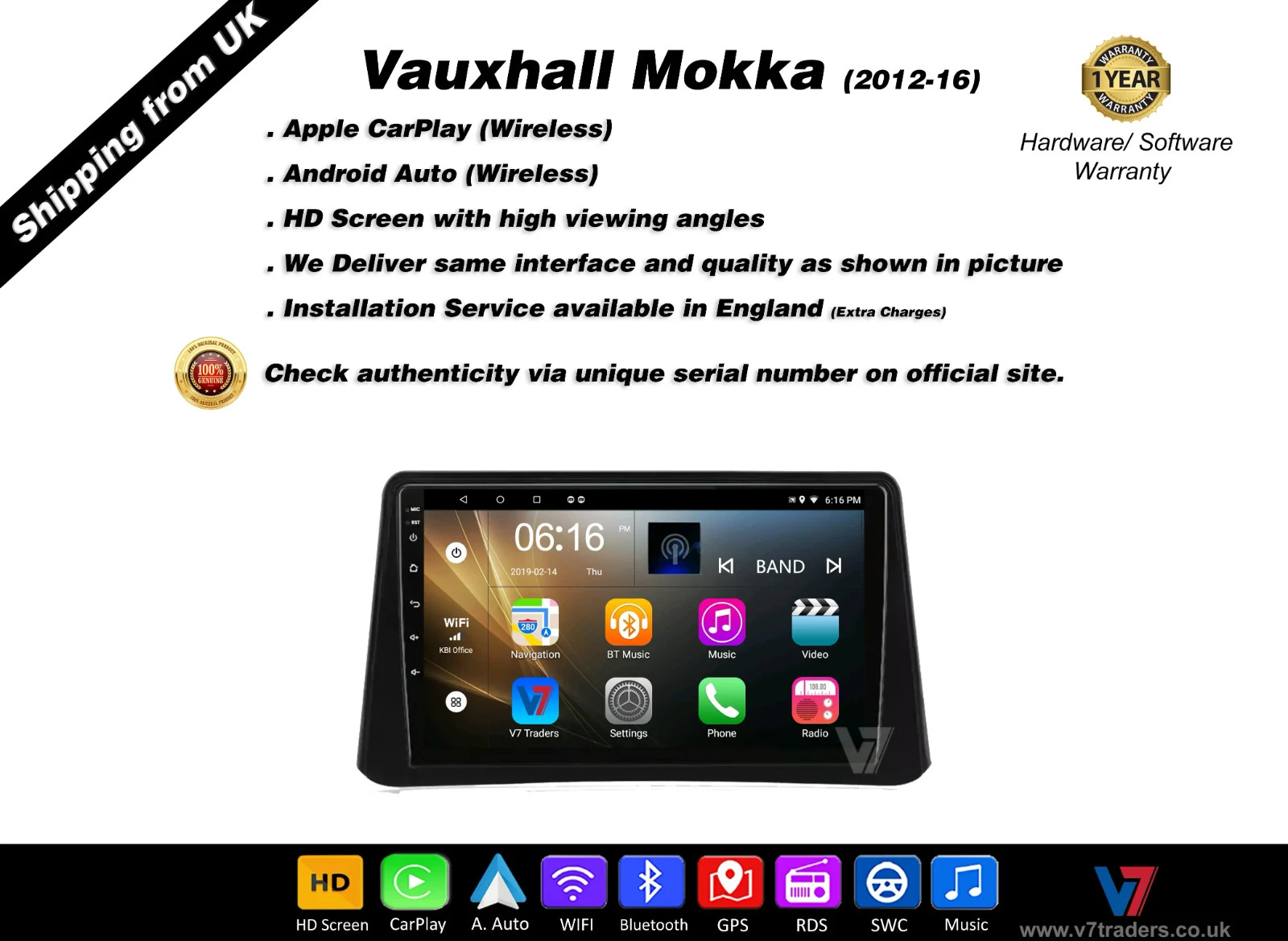 Vauxhall Mokka Android Auto CarPlay Head Unit GPS HD Stereo LCD Panel V7