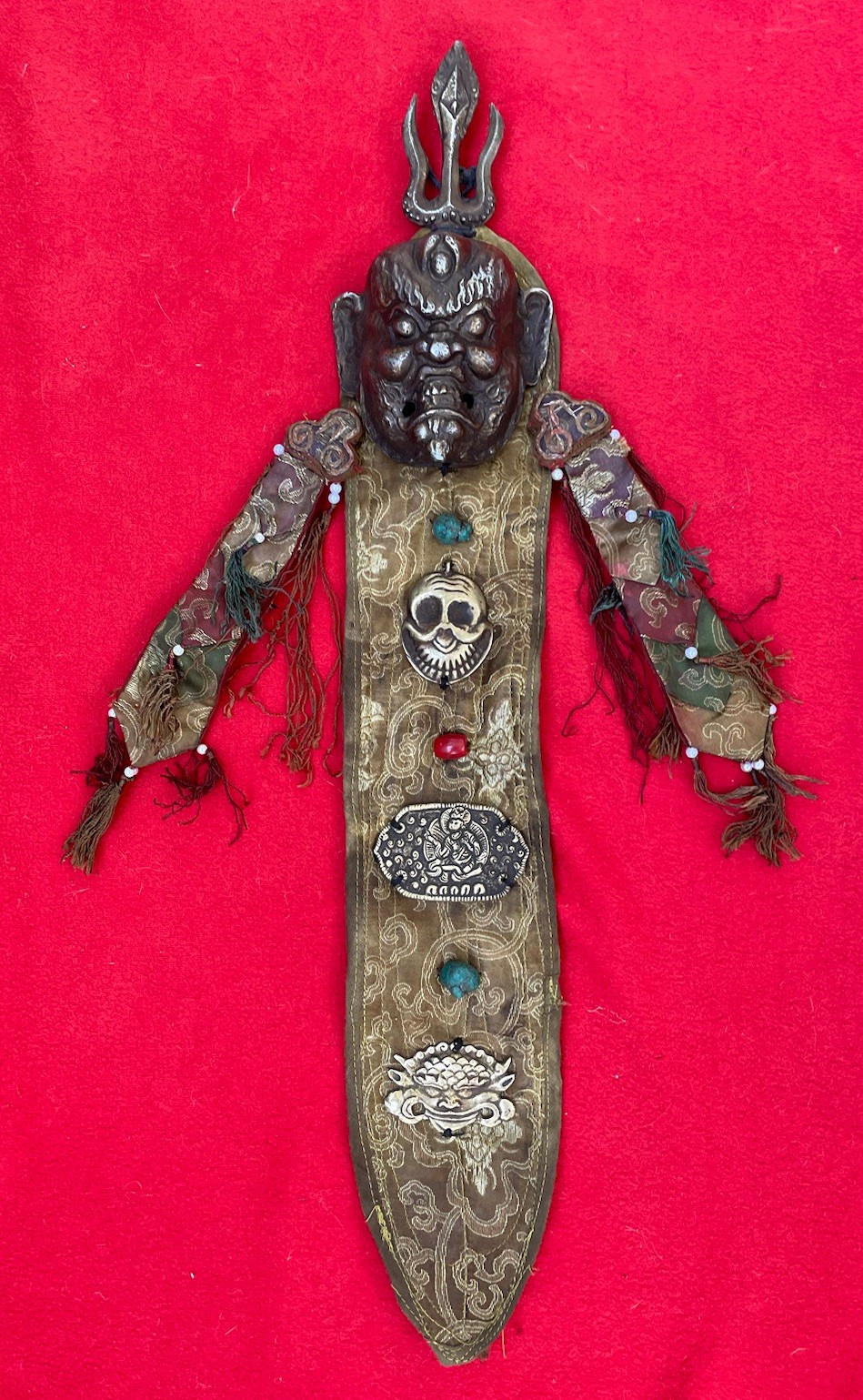 Tibetan Buddhist ~ Bon Shaman Wrathful Deity On Brocade Damaru Drum Tail