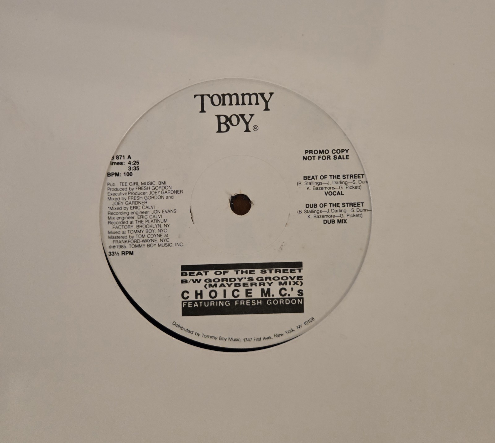 Choice MCs Ft Fresh Gordon - Beat Of The Street/ Gordy’s Groove 12” Vinyl Promo 