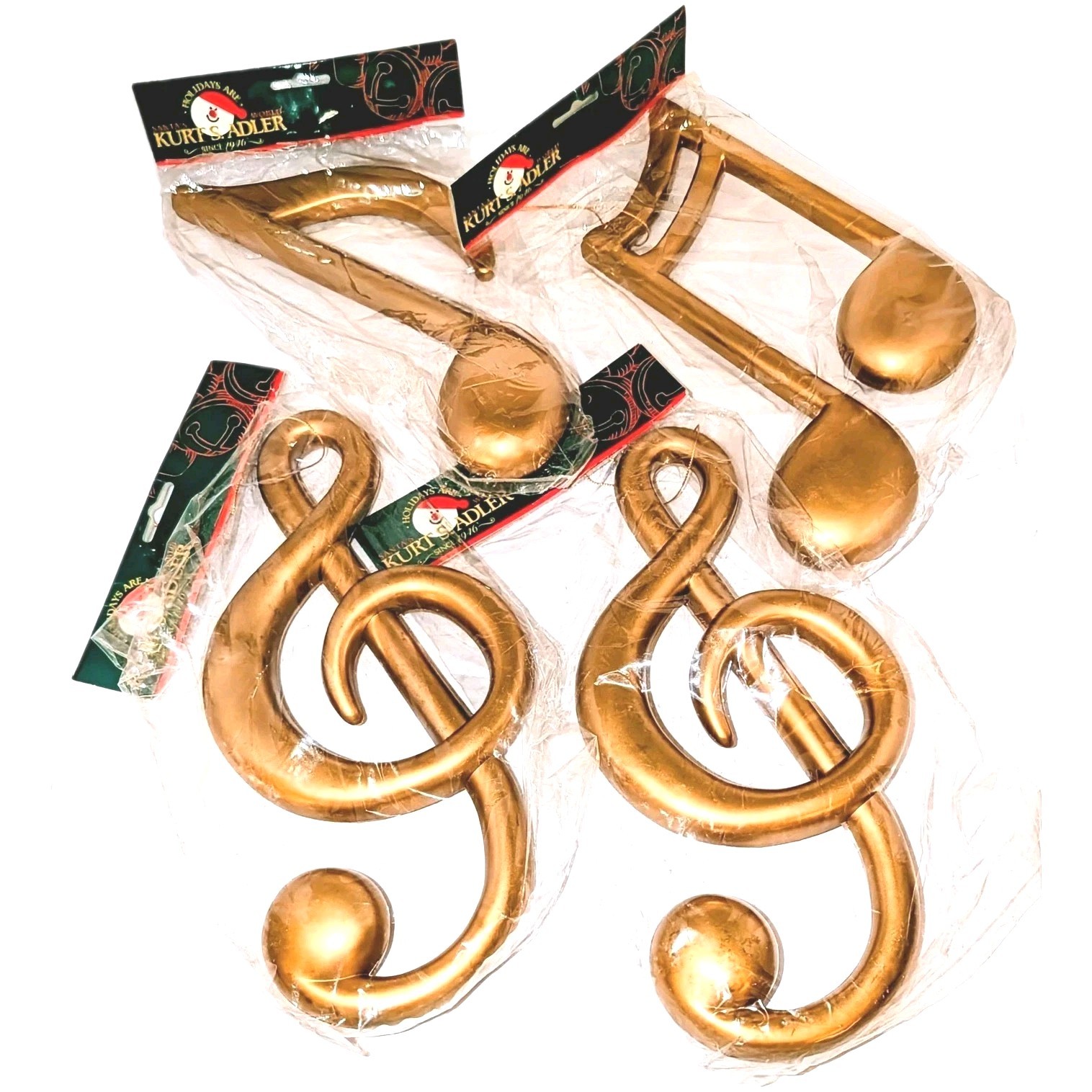 4 Vtg Kurt Adler Blow Mold 3D Gold Musical Music Notes Treble Jumbo Ornament NEW